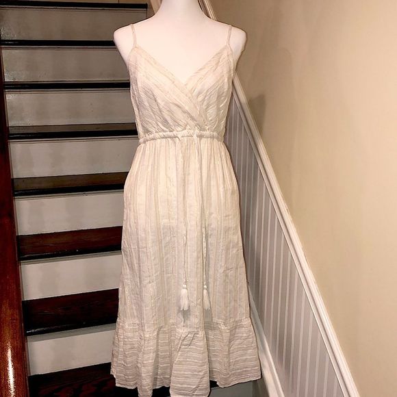 Ivory Adjustable Strap Dress w. Gold Silver Threads Cinched Waist Long Ties Sz 2 - Picture 1 of 14